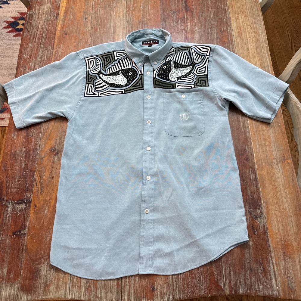 Piatelli Vintage Nola Style Fish Motif Shirt Large Blue Green